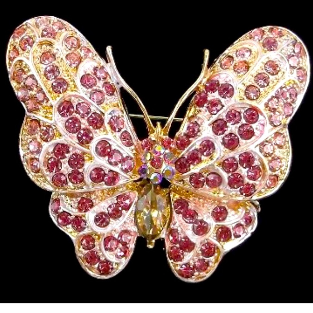Enameled Rhinestone Pink Butterfly Brooch